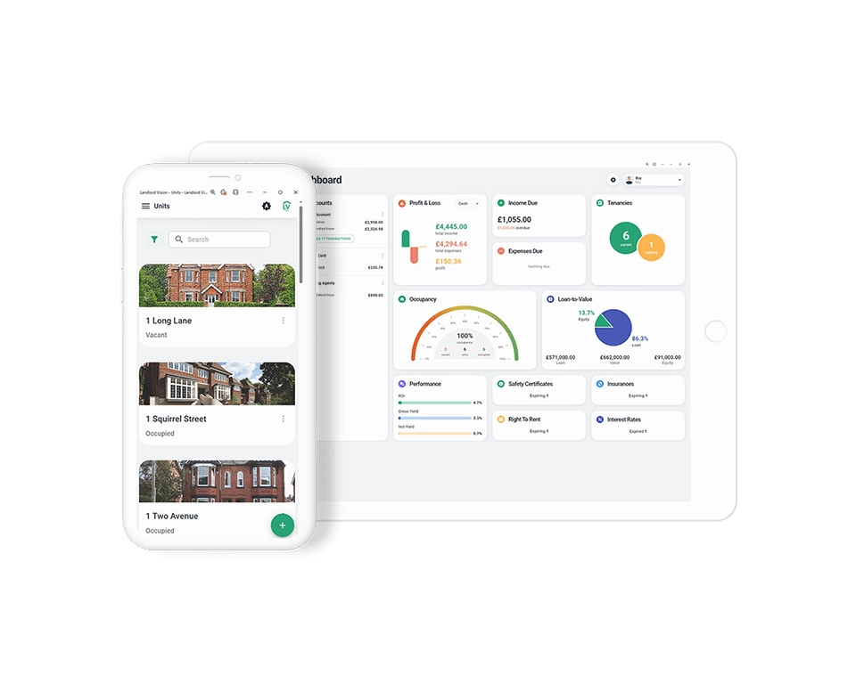 Dashboard view in Landlord Vision landlord software and list of properties.