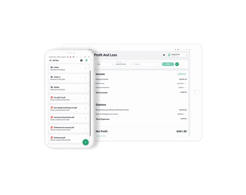 Profit and loss report shown in a software screenshot of Landlord Vision. Second screenshot of list of files.
