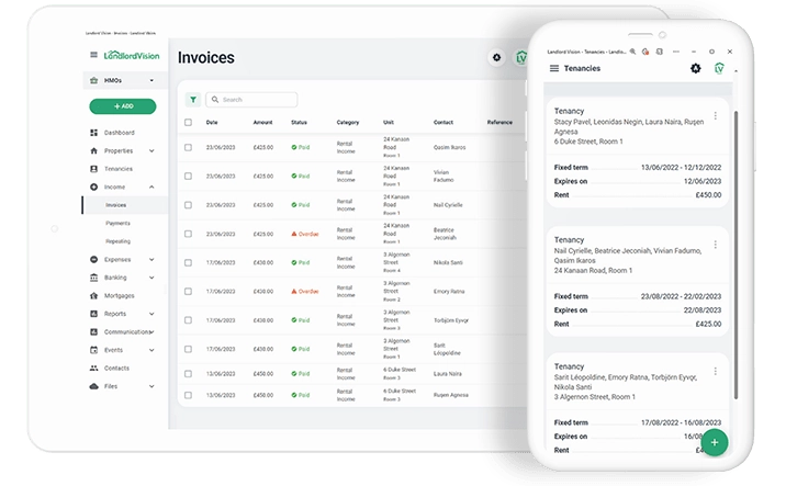 Landlord Vision software screenshot summarises tenancy information. Second screenshot summarises invoices.