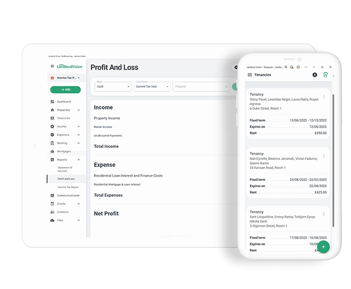 Screenshot of Landlord Vision landlord software. Showing profit and loss statement page and a summary of tenancies by room.