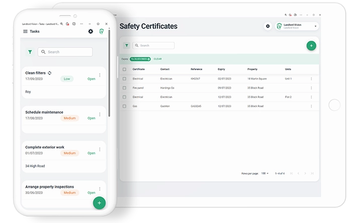 Landlord Vision software screenshot showing expiring safety certfificates and screenshot showing task management.