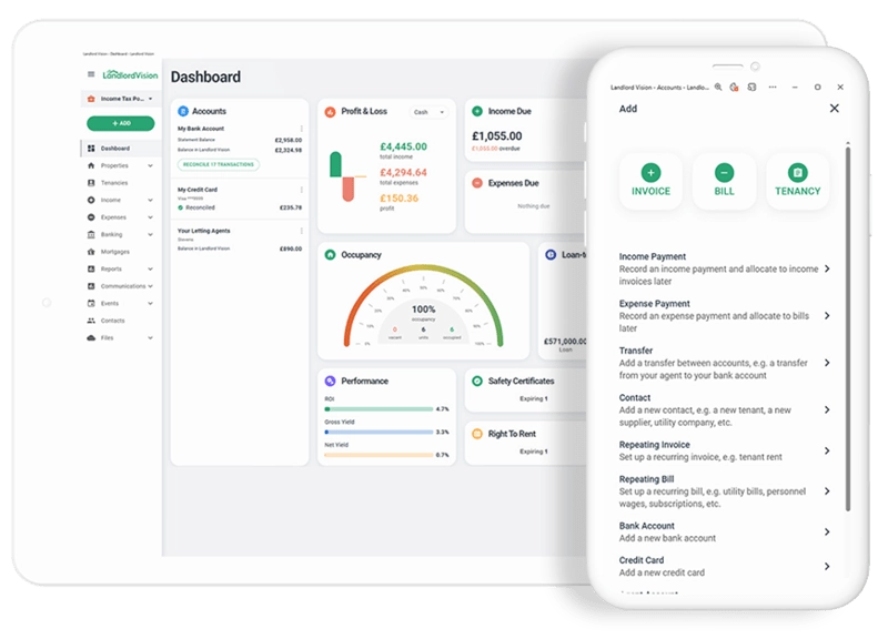 Screenshots from Landlord Vision showing the dashboard overview homepage and a menu page for adding income and expenses.