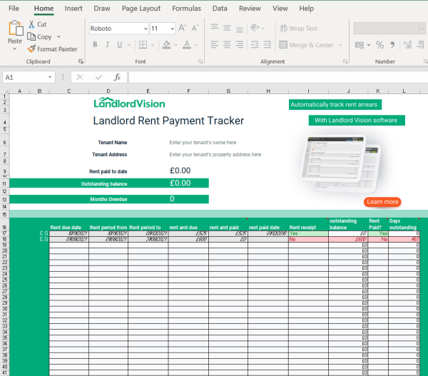 Rental payment spreadsheet